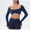 2-Piece Seamless Athletic Set — High-Waisted Leggings, Long-Sleeve Crop Top, and Halter Bra — Ideal for Workouts