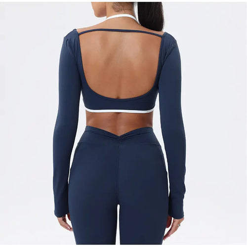 2-Piece Seamless Athletic Set — High-Waisted Leggings, Long-Sleeve Crop Top, and Halter Bra — Ideal for Workouts