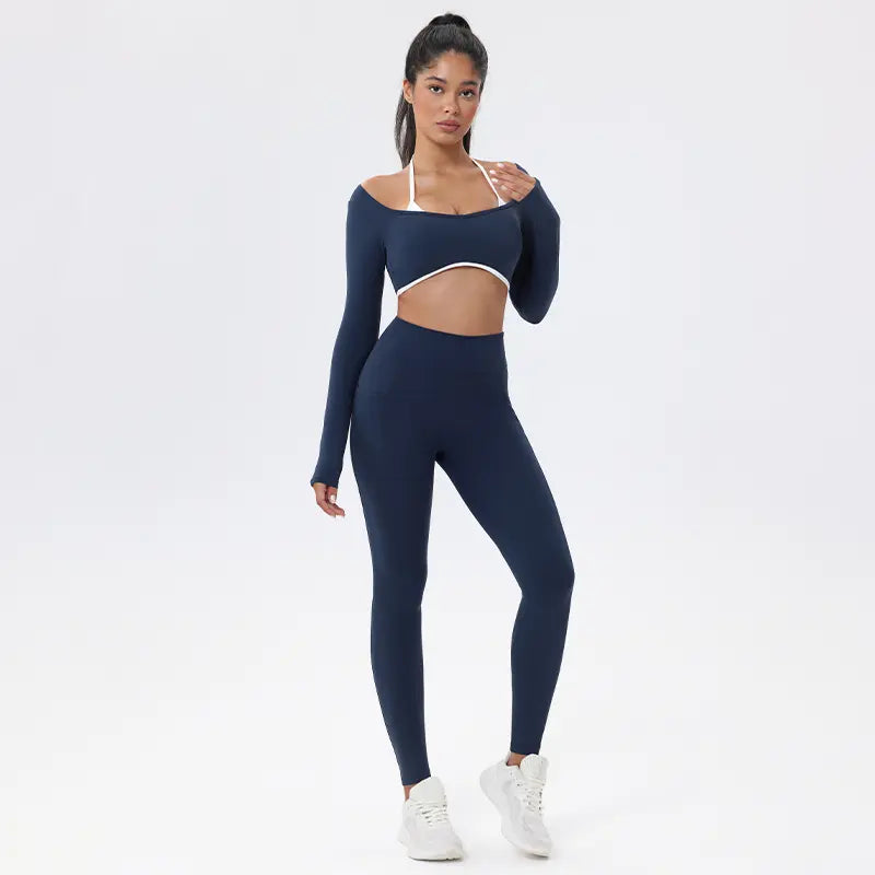 2-Piece Seamless Athletic Set — High-Waisted Leggings, Long-Sleeve Crop Top, and Halter Bra — Ideal for Workouts