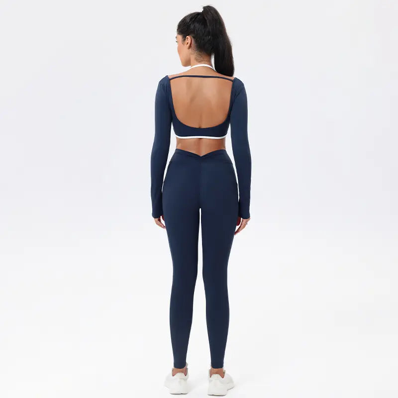 2-Piece Seamless Athletic Set — High-Waisted Leggings, Long-Sleeve Crop Top, and Halter Bra — Ideal for Workouts